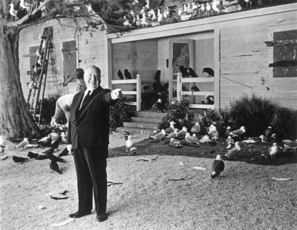 Alfred Hitchcock on the set of THE BIRDS