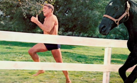 Place your bets. Burt Lancaster vs. a horse (from THE SWIMMER, 1968)