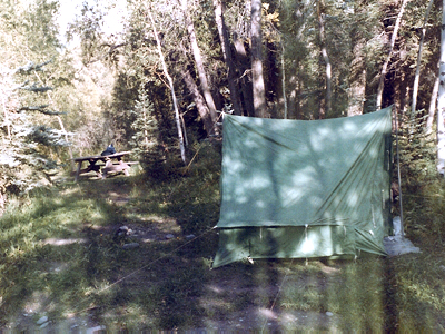 My tent before the rains came at the campgrounds at Telluride's Town Park (1981, photo by Jeff Stafford)