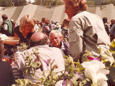 Directors Sam Fuller (center), Francesco Rosi (back to camera) and Nelly Kaplan (right) at the 8th Telluride Film Festival (1981, photo by Jeff Stafford)