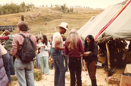 Woody Strode (in hat) and his wife on the right (facing him) at the Labor Day picnic at the 8th Telluride Film Festival (1981, photo by Jeff Stafford)