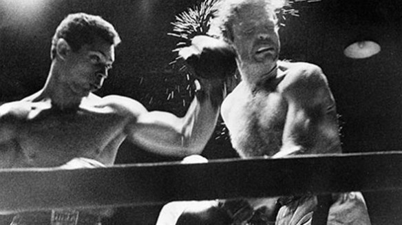 Walter Cartier slams Bobby James at Laurel Gardens in Newark, NJ on April 17, 1950