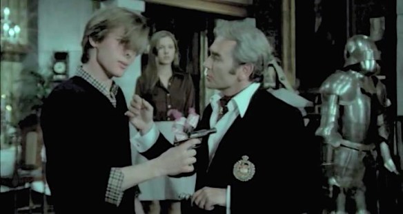 John Moulder-Brown (left) has the gun but he doesn't have control in Forbidden Love Game (1975)