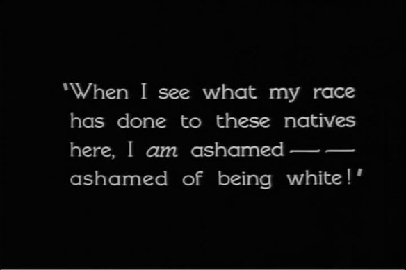 An example of an intertitle card from White Shadows in the South Seas (1928) which spells out the film's moral