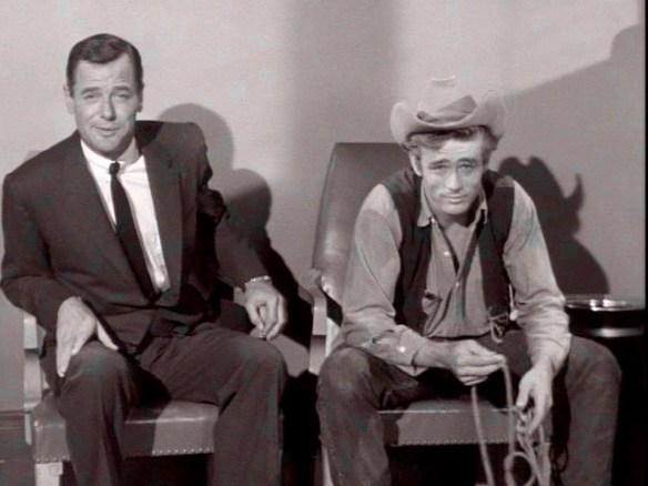 Gig Young and James Dean appear in a highway safety promo