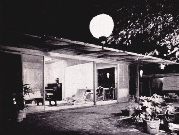 This is a house design from art director Ross Bellah circa 1942 that reflects the style of the new house Kirk Douglas is building in Strangers When We Meet (1960). 