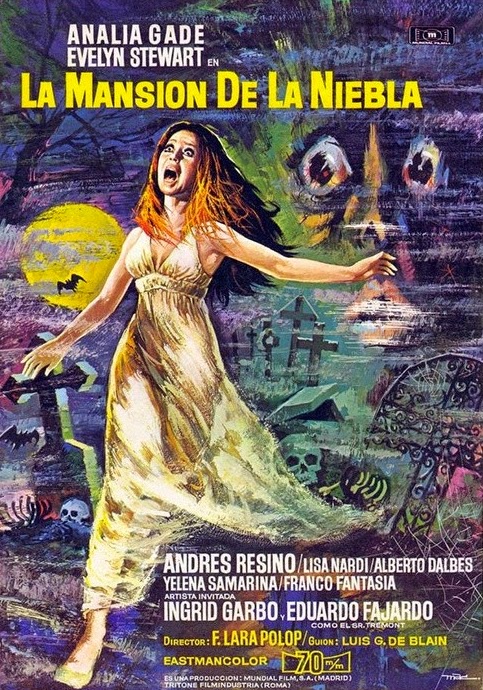 The Italian film poster for the 1972 horror thriller Maniac Mansion, one of Evelyn Stewart's many Italian genre films.
