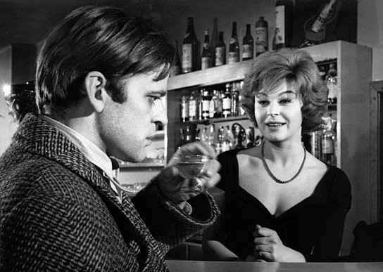 Marina Petrova plays an overly inquisitive barmaid in the psychological thriller, Der Rote Rausch (1962) starring Klaus Kinski (left).
