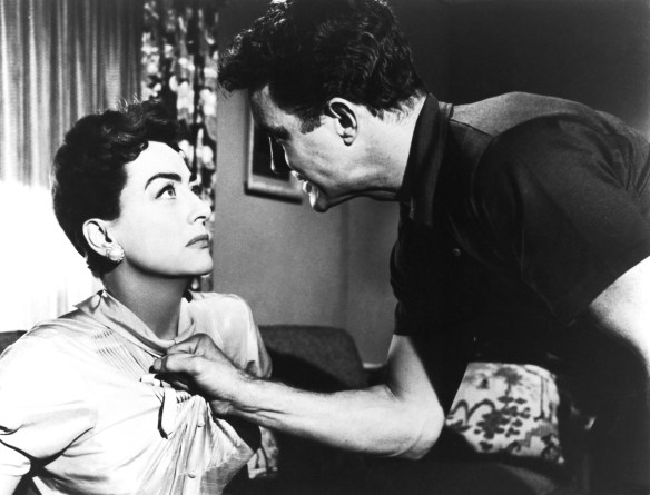 One of the more intense encounters between Joan Crawford and Cliff Robertson in Robert Aldrich's melodrama, Autumn Leaves (1956).